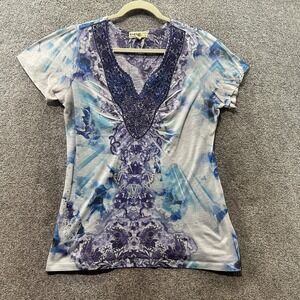 Enerege  TShirt Top Women XL‎ Blue Y2k Tie Dye V Neck Short Sleeve